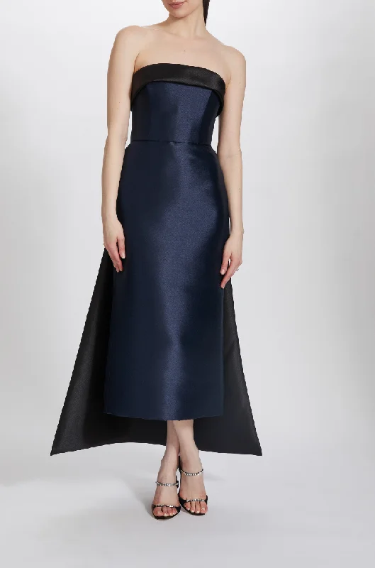 Dresses with Satin Trimmed Collar and Bow Back and Embroidered Skirt for Ladies' Classic and Glamorous LookP627 - Navy-Black Dresses with Satin Trimmed Collar and Bow Back and Embroidered Skirt for Ladies' Classic and Glamorous LookP627 - Navy-Black