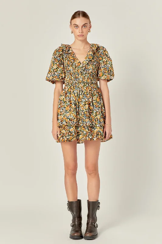 Dresses with Tiered Skirts for Ladies' Playful LookPlunge V Smocked Cotton Floral Mini Dress Dresses with Tiered Skirts for Ladies' Playful LookPlunge V Smocked Cotton Floral Mini Dress