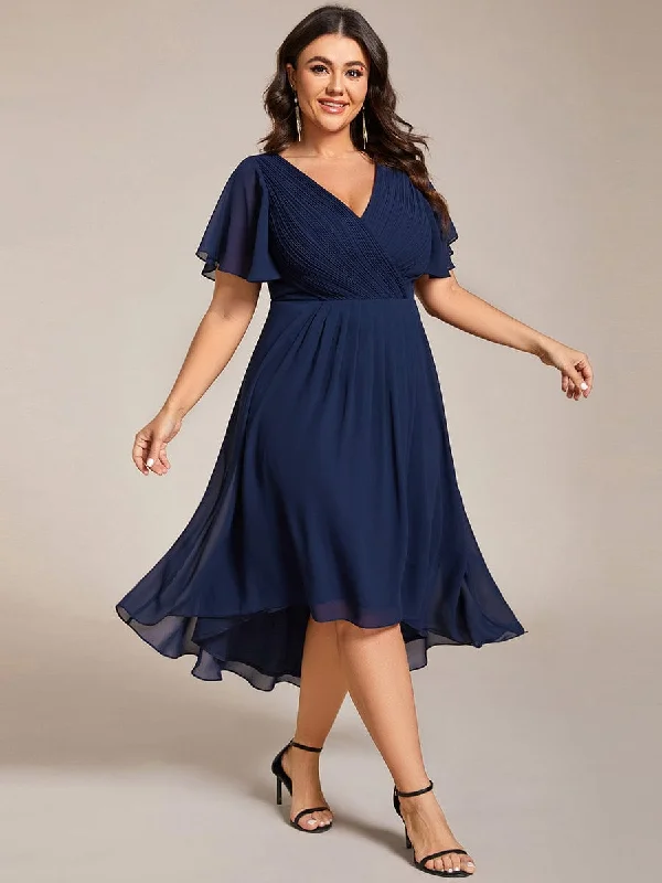 Dresses with Sequined Geometric Shapes and Lace and Chiffon Blend and Ruffled Sleeves for Ladies' Modern and Dramatic LookPlus Size Double V-Neck Ruffles Sleeve Chiffon Midi Wedding Guest Dress