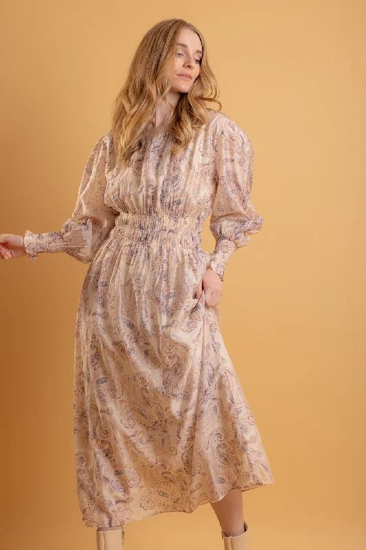 Long Sleeve Knit Dresses for Ladies' Winter ComfortPolly Dress Beige Blue Paisley