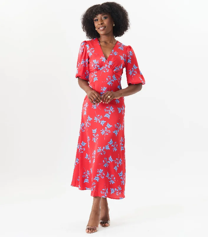 Dresses with Ruffled Hem and Bow at the Waist for Ladies' Sweet and Feminine LookRed Stencil Floral Midi Dress Dresses with Ruffled Hem and Bow at the Waist for Ladies' Sweet and Feminine LookRed Stencil Floral Midi Dress