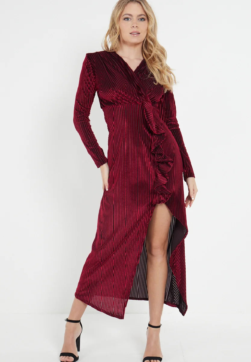Dresses with Satin and Lace Trimmed Neckline and Ruffled Sleeves for Ladies' Sophisticated and Girly LookRed Velvet Plisse Ruffle Wrap Dress Dresses with Satin and Lace Trimmed Neckline and Ruffled Sleeves for Ladies' Sophisticated and Girly LookRed Velvet Plisse Ruffle Wrap Dress