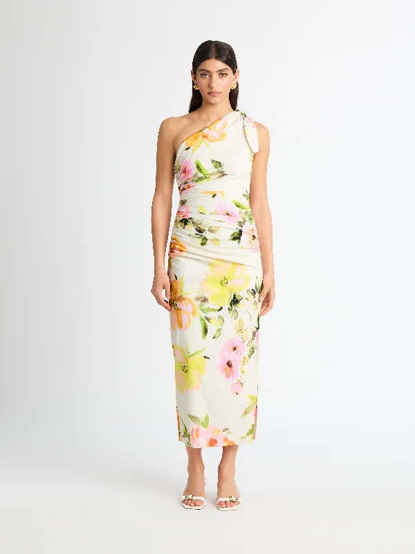 Dresses with Embroidered Birds and Sequined Floral Motifs and Satin and Lace Combo for Ladies' Nature Inspired and Romantic LookROSA FLORAL MIDI DRESS Dresses with Embroidered Birds and Sequined Floral Motifs and Satin and Lace Combo for Ladies' Nature Inspired and Romantic LookROSA FLORAL MIDI DRESS