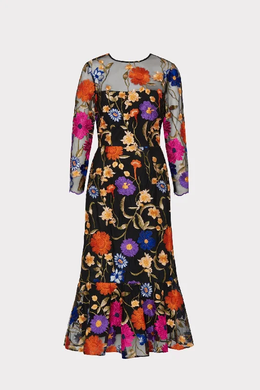 Dresses with Sheer Panels and Beaded Trim and Embroidered Paisley Patterns and Ruffled Hem for Ladies' Sultry and Exotic LookRosalind Fall Foliage Embroidery Dress Dresses with Sheer Panels and Beaded Trim and Embroidered Paisley Patterns and Ruffled Hem for Ladies' Sultry and Exotic LookRosalind Fall Foliage Embroidery Dress