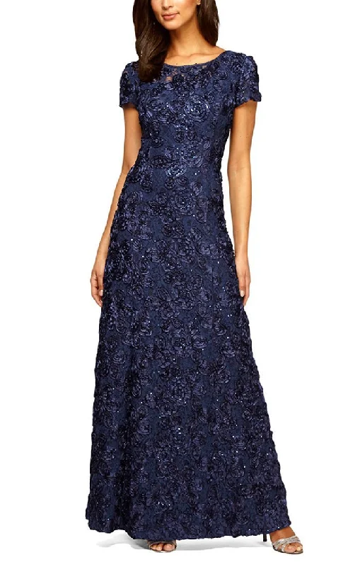 Dresses with Satin and Lace Trimmed Neckline and Ruffled Sleeves for Ladies' Sophisticated and Girly LookRosette A-Line Gown with Sequin Detail & Short Illusion Sleeves Dresses with Satin and Lace Trimmed Neckline and Ruffled Sleeves for Ladies' Sophisticated and Girly LookRosette A-Line Gown with Sequin Detail & Short Illusion Sleeves