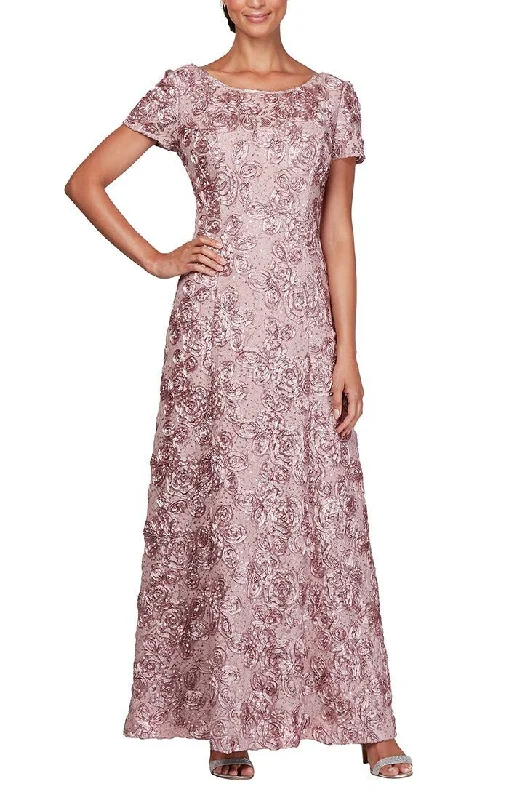 Dresses with Sequined Bodice and Chiffon Overlay for Ladies' Elegant ContrastRosette A-Line Gown with Sequin Detail & Short Illusion Sleeves Dresses with Sequined Bodice and Chiffon Overlay for Ladies' Elegant ContrastRosette A-Line Gown with Sequin Detail & Short Illusion Sleeves