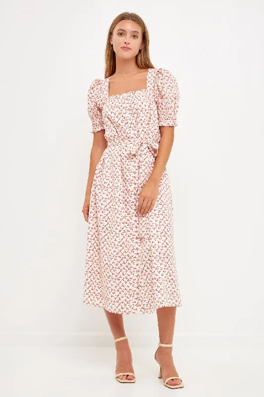 Dresses with High Low Sheer Skirt for Ladies' Dramatic and Fashionable LookShort Puff Sleeve Floral Midi Dress