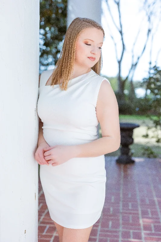 Wrap Style Polyester Dresses for Ladies' Versatile OutfitSleeveless Asymmetrical Neck Knit White Mini Bridal Dress by She + Sky Wrap Style Polyester Dresses for Ladies' Versatile OutfitSleeveless Asymmetrical Neck Knit White Mini Bridal Dress by She + Sky