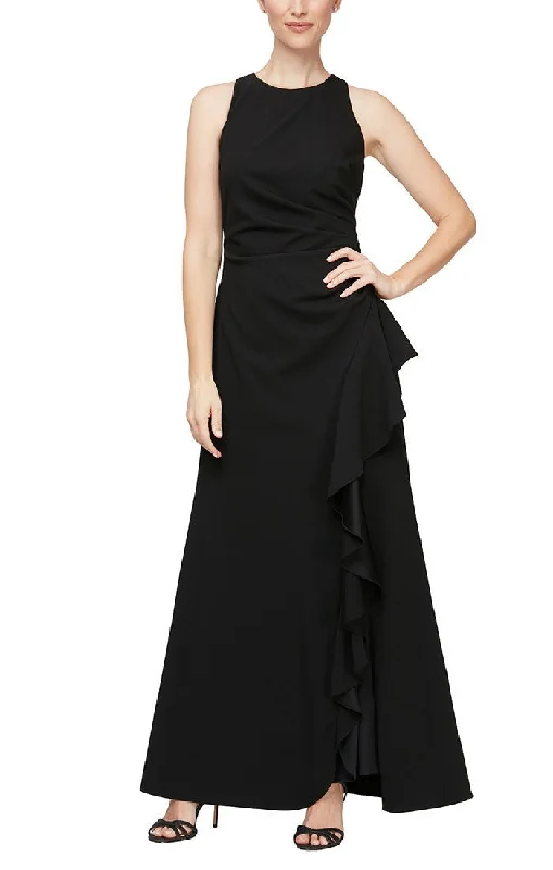 Dresses with Embroidered Stars and Sequined Dots for Ladies' Celestial and Playful LookSleeveless Stretch Crepe Dress with Cascade Ruffle Skirt Detail & Cutaway Neckline