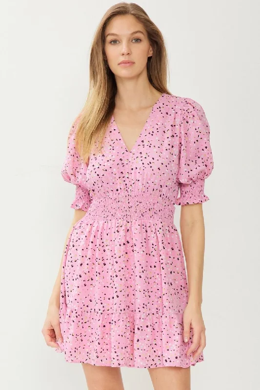 Dresses with Sheer Panels for Ladies' Sultry and Alluring LookSmocked Half Sleeve Pink Confetti Mini Dress by Entro Clothing