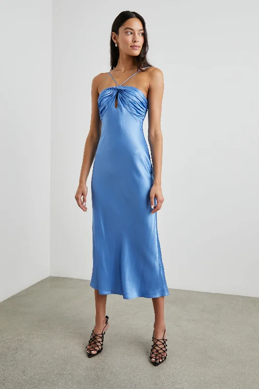 Taffeta Dresses with Pleated Bodice for Ladies' Structured LookSTELLE DRESS - BLUE LAKE Taffeta Dresses with Pleated Bodice for Ladies' Structured LookSTELLE DRESS - BLUE LAKE