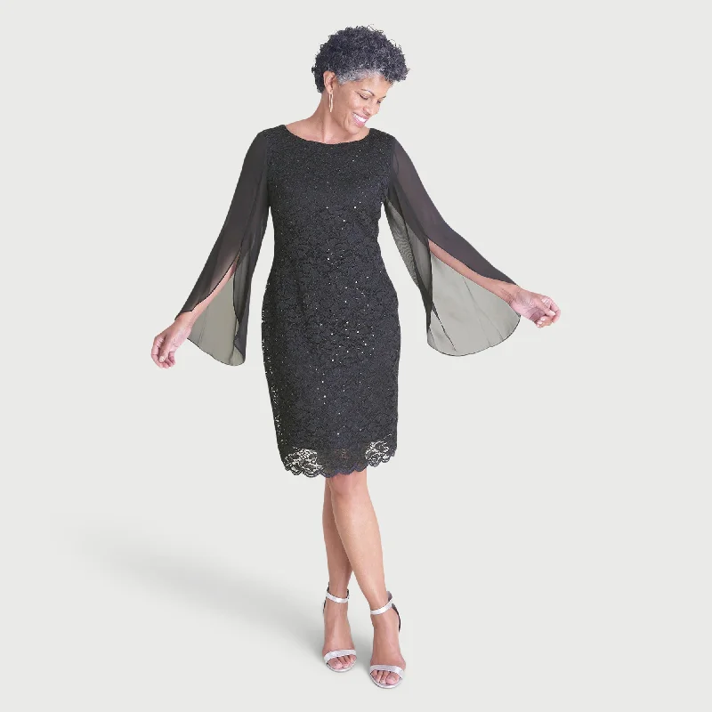 Dresses with Sequined Bodice and Chiffon Overlay for Ladies' Elegant ContrastStevie Black Sequin Lace Dress Dresses with Sequined Bodice and Chiffon Overlay for Ladies' Elegant ContrastStevie Black Sequin Lace Dress