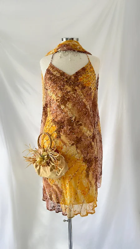 Dresses with Lace and Chiffon Blend for Ladies' Soft and Feminine LookVintage 00s Yellow Gold & Brown Tie Dye Silk 3 Piece Set