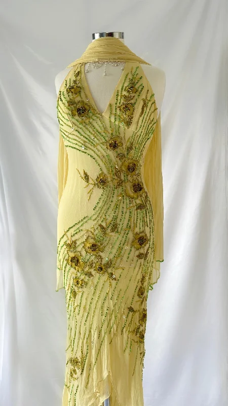 Long Dresses with Side Slit for Ladies' Mobility and StyleLemon Sherbet Florals Vintage 90s Embellished Silk Set Long Dresses with Side Slit for Ladies' Mobility and StyleLemon Sherbet Florals Vintage 90s Embellished Silk Set