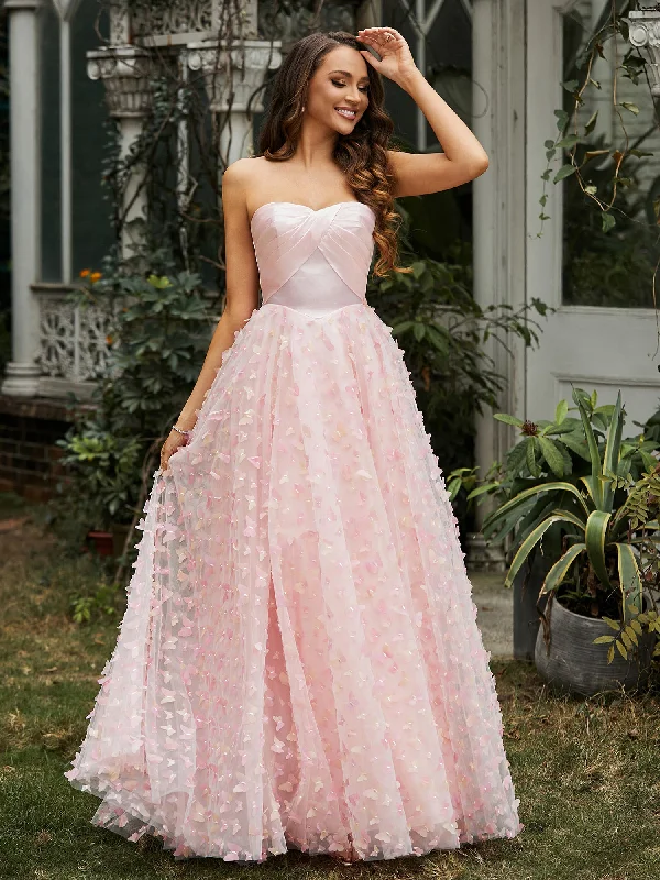 Dresses with Pleated Tulle Skirt and Sequined Geometric Shapes and Lace Overlay for Ladies' Princess and Feminine LookSweetheart Butterflies Appliqued Ball Gown Pink Dresses with Pleated Tulle Skirt and Sequined Geometric Shapes and Lace Overlay for Ladies' Princess and Feminine LookSweetheart Butterflies Appliqued Ball Gown Pink