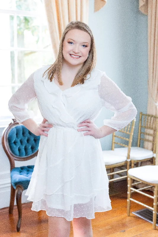 Dresses with High Low Sheer Skirt for Ladies' Dramatic and Fashionable LookWhite Quarter Sleeve Ruffle Swiss Dot Bridal Dress by Entro Clothing Dresses with High Low Sheer Skirt for Ladies' Dramatic and Fashionable LookWhite Quarter Sleeve Ruffle Swiss Dot Bridal Dress by Entro Clothing