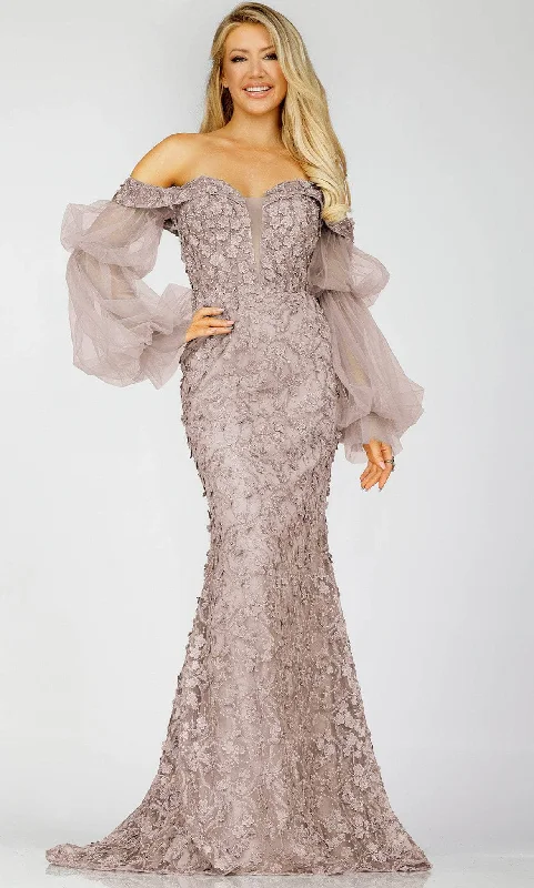 "Buy One, Get One 50% Off on Women's Dresses - Don't Miss Out!"Terani Couture 231E0515 - Off-Shoulder Sheer Sleeves Evening Gown