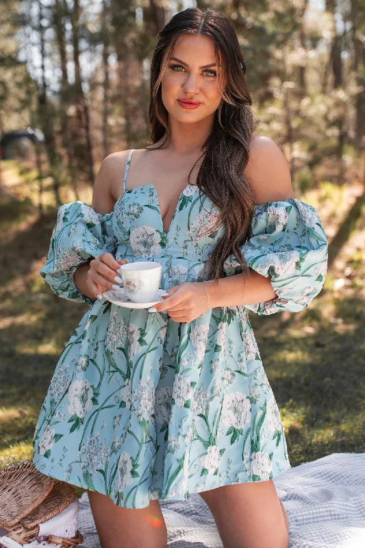 Dresses with Satin Trimmed Collar and Bow Back for Ladies' Classic and Intricate LookThe Beauty Within Off The Shoulder Floral Mini Dress (Aqua Blue)