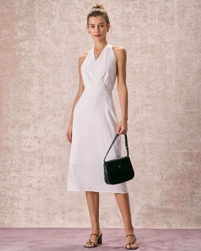 Dresses with Embroidered Tribal Patterns and Satin Sash for Ladies' Cultural and Glamorous LookThe White Halter Ruched Wrap Satin Midi Dress