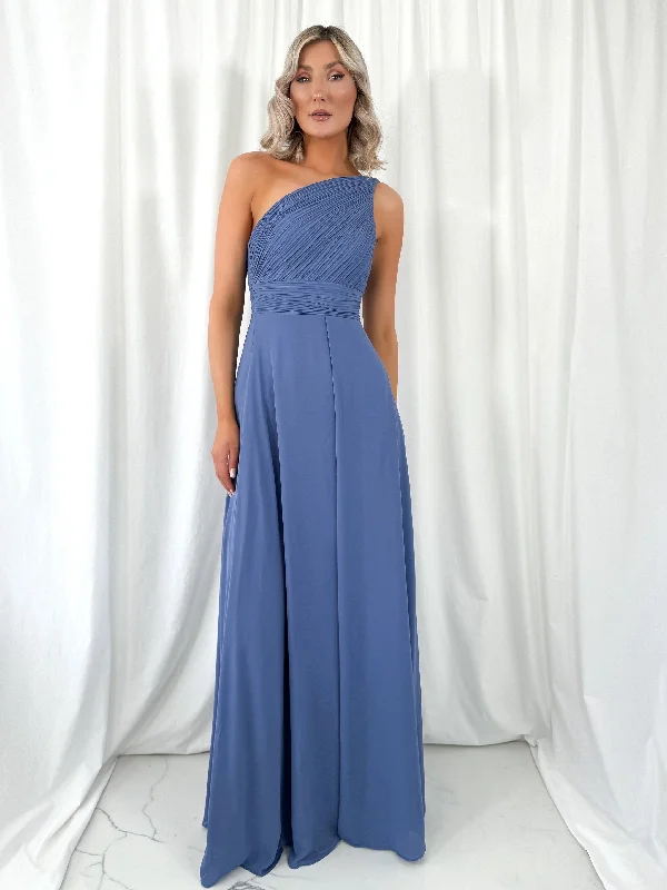 Dresses with Sequined Stripes and Sheer Back for Ladies' Bold and Sexy LookTracy One Shoulder Draped Top Maxi Dress - Dusty Blue Dresses with Sequined Stripes and Sheer Back for Ladies' Bold and Sexy LookTracy One Shoulder Draped Top Maxi Dress - Dusty Blue