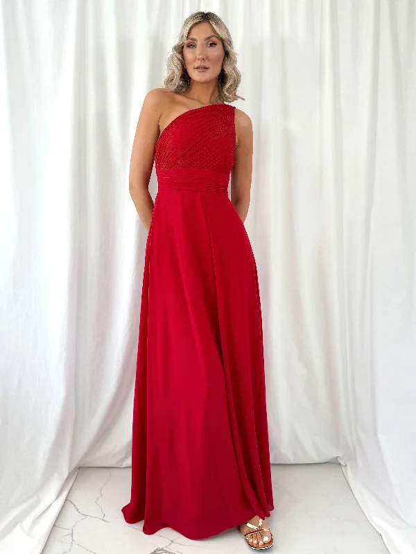 Long Dresses with Side Slit for Ladies' Mobility and StyleTracy One Shoulder Draped Top Maxi Dress - Red Long Dresses with Side Slit for Ladies' Mobility and StyleTracy One Shoulder Draped Top Maxi Dress - Red