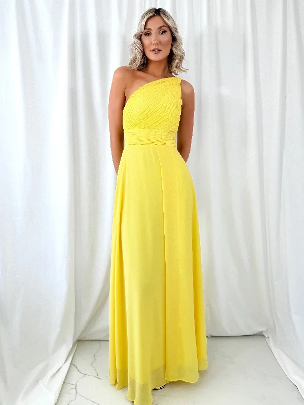 Off Shoulder Chiffon Dresses for Ladies' Summer OutingsTracy One Shoulder Draped Top Maxi Dress - Yellow