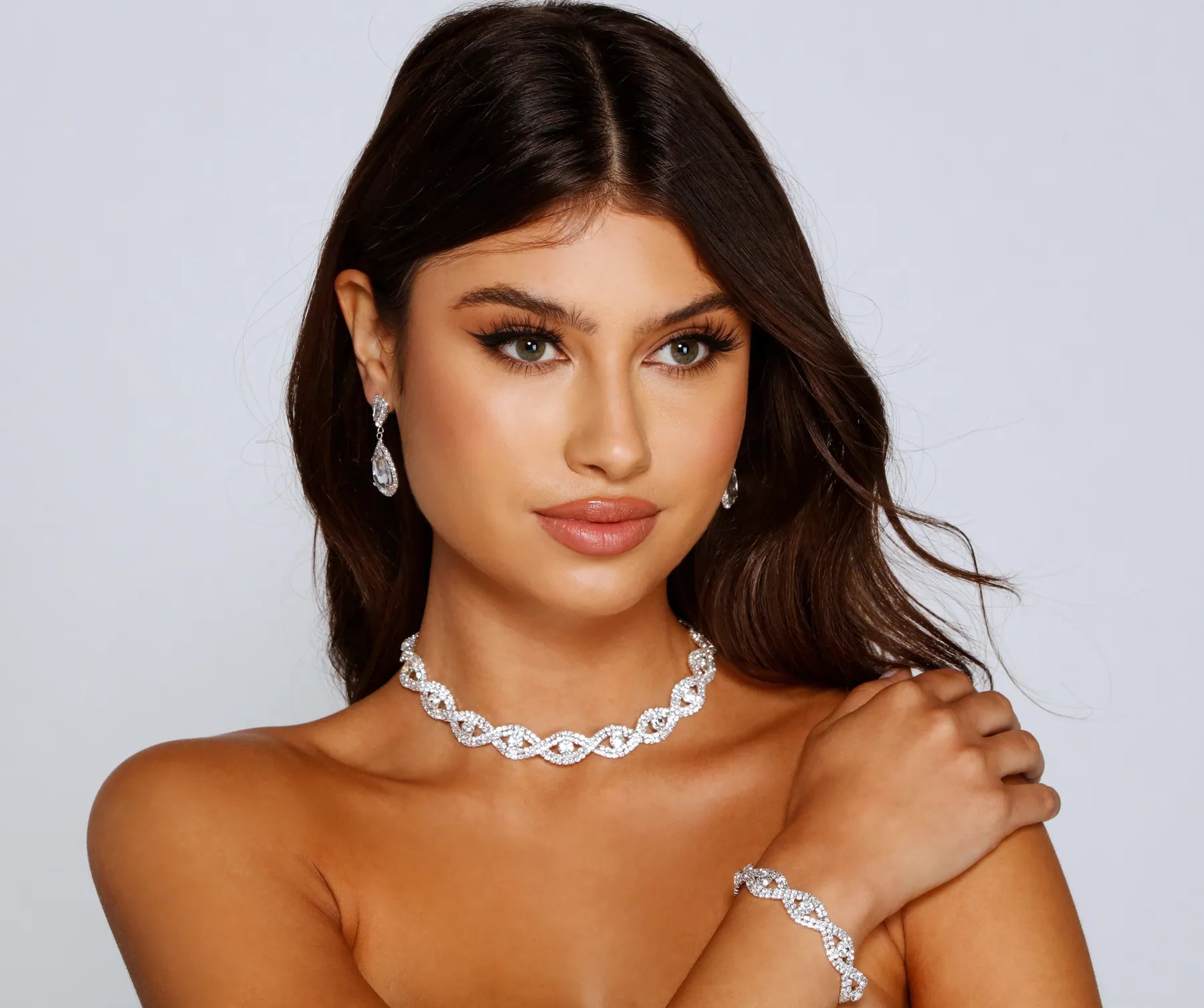 "Long sleeve dresses for women in cold weather"Twist Of Glamour Rhinestone Collar, Duster Earrings, And Bracelet Set "Long sleeve dresses for women in cold weather"Twist Of Glamour Rhinestone Collar, Duster Earrings, And Bracelet Set