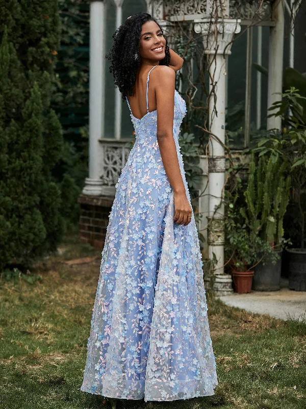 Dresses with High Neck and Embroidered Back for Ladies' Modest and Intricate LookV-neck Lace Appliqued Flowers A-line Dress Blue Dresses with High Neck and Embroidered Back for Ladies' Modest and Intricate LookV-neck Lace Appliqued Flowers A-line Dress Blue