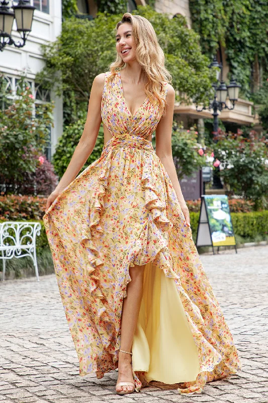Dresses with Beaded Waistbands and Tiered Skirts for Ladies' Glamorous and Feminine LookYellow Small Flower A Line V Neck Pleated Ruffles Wedding Guest Dress