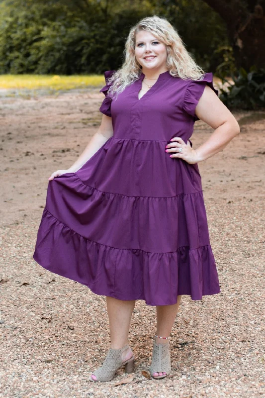 Dresses with Puff Sleeves for Ladies' Retro VibeV-Neck Ruffle Sleeve Tiered Midi Dress with Pockets in Plus Size by Entro Clothing Dresses with Puff Sleeves for Ladies' Retro VibeV-Neck Ruffle Sleeve Tiered Midi Dress with Pockets in Plus Size by Entro Clothing