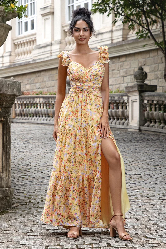 Dresses with Metallic Sequined Bodice for Ladies' Glamorous LookYellow Flower A Line V Neck Print Pleated Wedding Guest Dress with Slit Dresses with Metallic Sequined Bodice for Ladies' Glamorous LookYellow Flower A Line V Neck Print Pleated Wedding Guest Dress with Slit