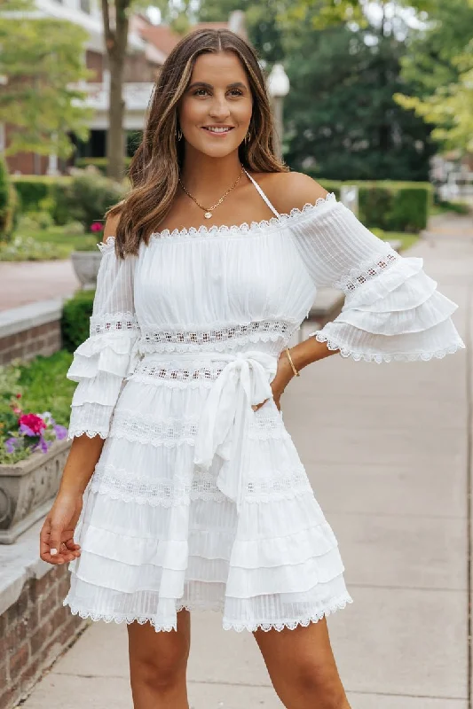 Halter Neck Sleeveless Dresses for Ladies' Outdoor ActivitiesWhite Lace Ruffled Mini Dress - FINAL SALE Halter Neck Sleeveless Dresses for Ladies' Outdoor ActivitiesWhite Lace Ruffled Mini Dress - FINAL SALE