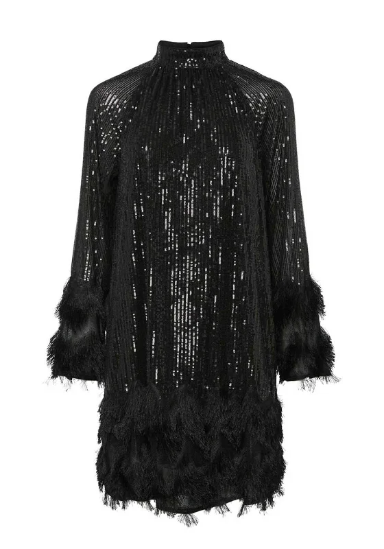 Dresses with Sheer Panels and Beaded Trim for Ladies' Sexy and Polished LookY.A.S Flow Sequin Fringed Trim Mini Dress, Black Dresses with Sheer Panels and Beaded Trim for Ladies' Sexy and Polished LookY.A.S Flow Sequin Fringed Trim Mini Dress, Black
