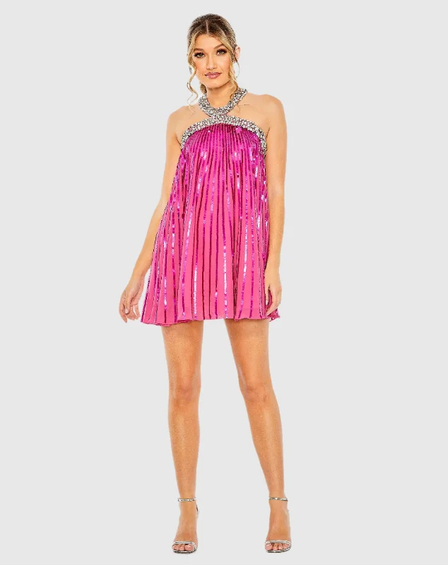 red mini dressesHigh Neck Open Back Embellished Trapeze Dress
