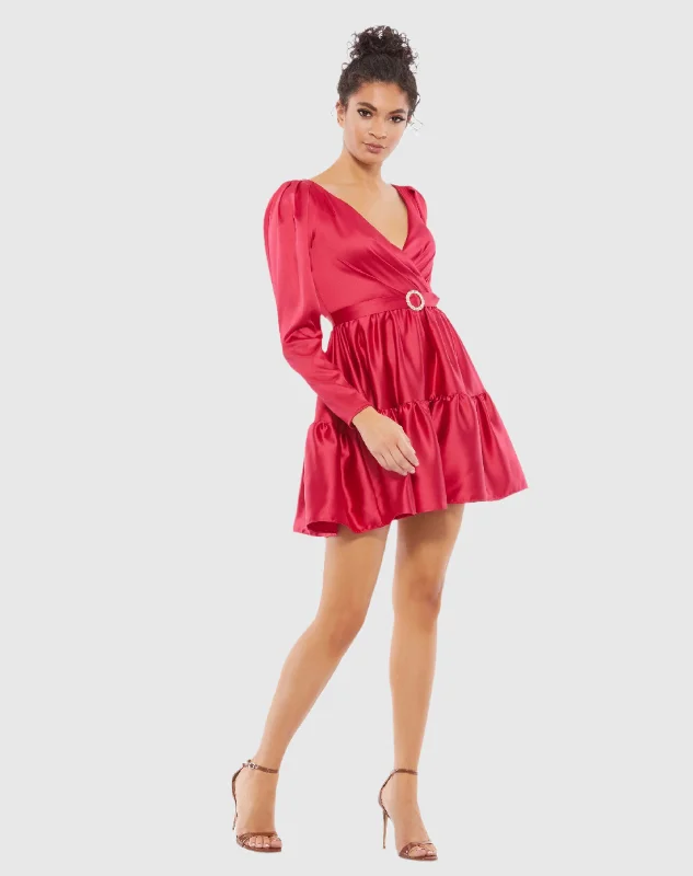 bishop sleeve mini dressesTiered V-Neck Belted Mini Dress