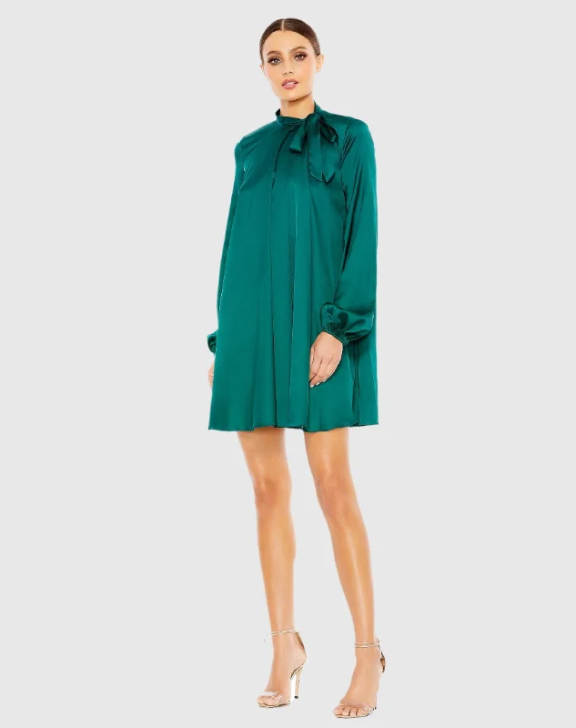 bridesmaid mini dressesEmerald Soft Tie High Neck Pull Sleeve Shirt Dress