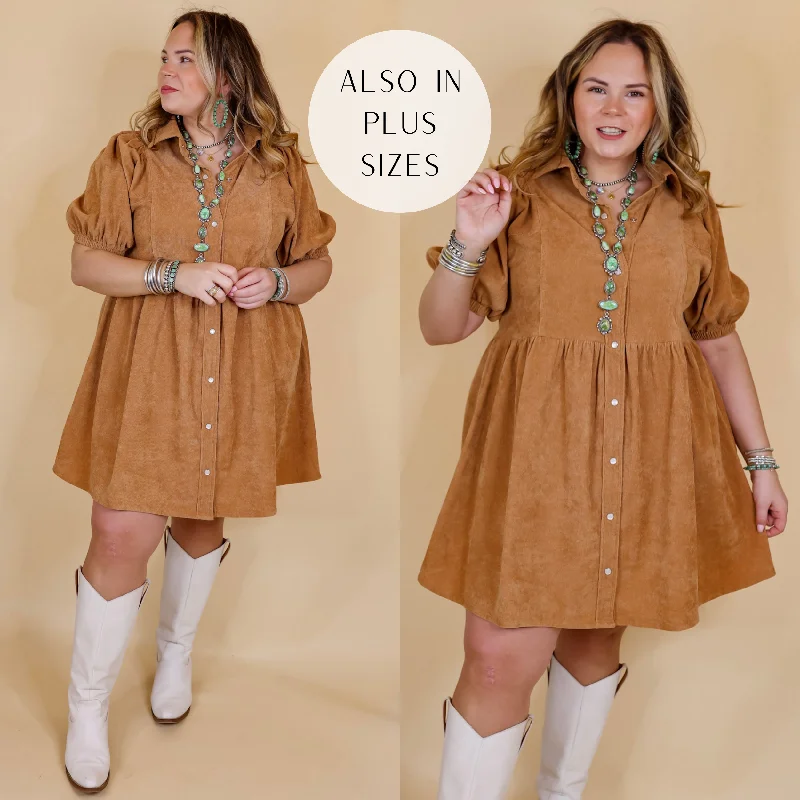 belted mini dressesAdventures Ahead Button Up Corduroy Babydoll Dress in Camel Brown