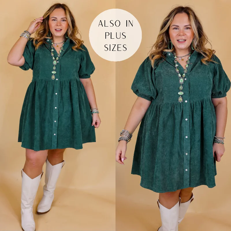 smocked mini dressesAdventures Ahead Button Up Corduroy Babydoll Dress in Dusty Teal