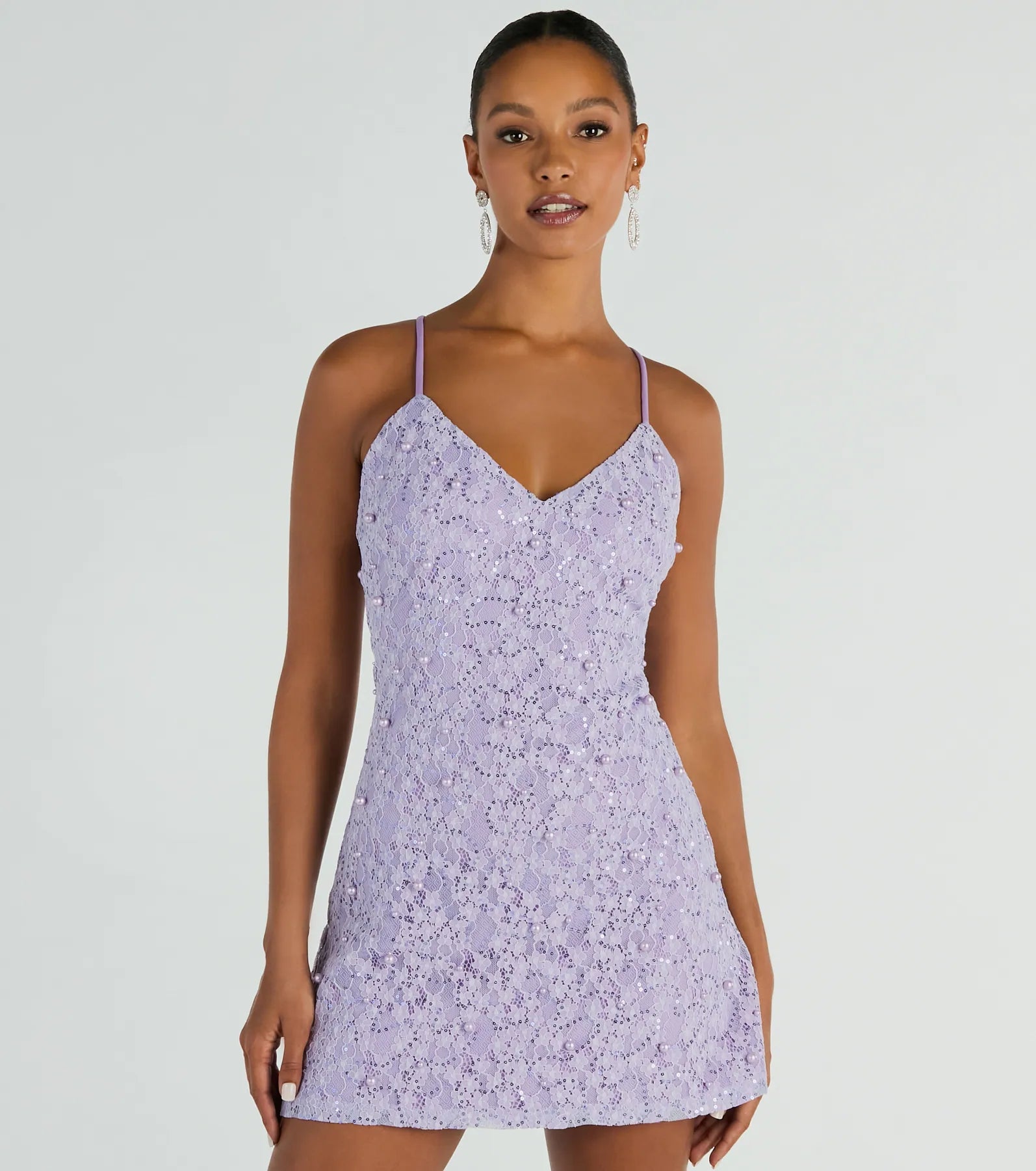 A line mini dressesAll The Splendor A-Line Faux Pearl Lace Mini Dress