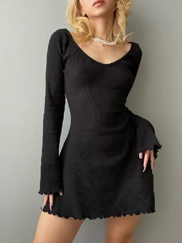 sustainable mini dressesBerriesJam - Casual Frill Long Sleeve Black Mini Dress