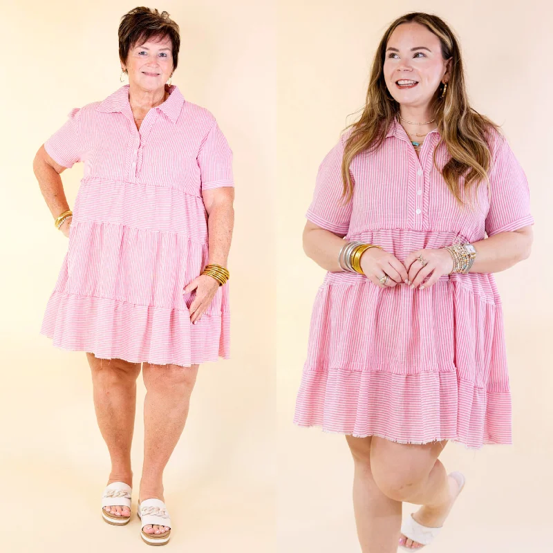 tiered mini dressesCasual Greetings Collared Pinstripe Dress in Pink and White