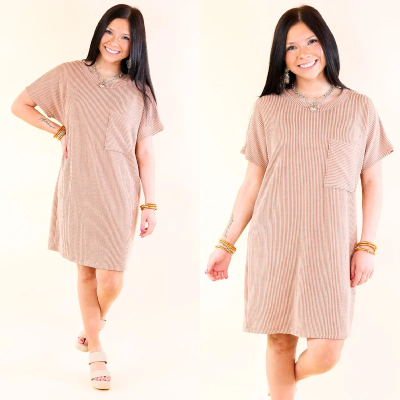 beach printed mini dressesCoffee and Carefree Ribbed Short Sleeve Dress with Front Pocket in Peanut Butter Brown beach printed mini dressesCoffee and Carefree Ribbed Short Sleeve Dress with Front Pocket in Peanut Butter Brown