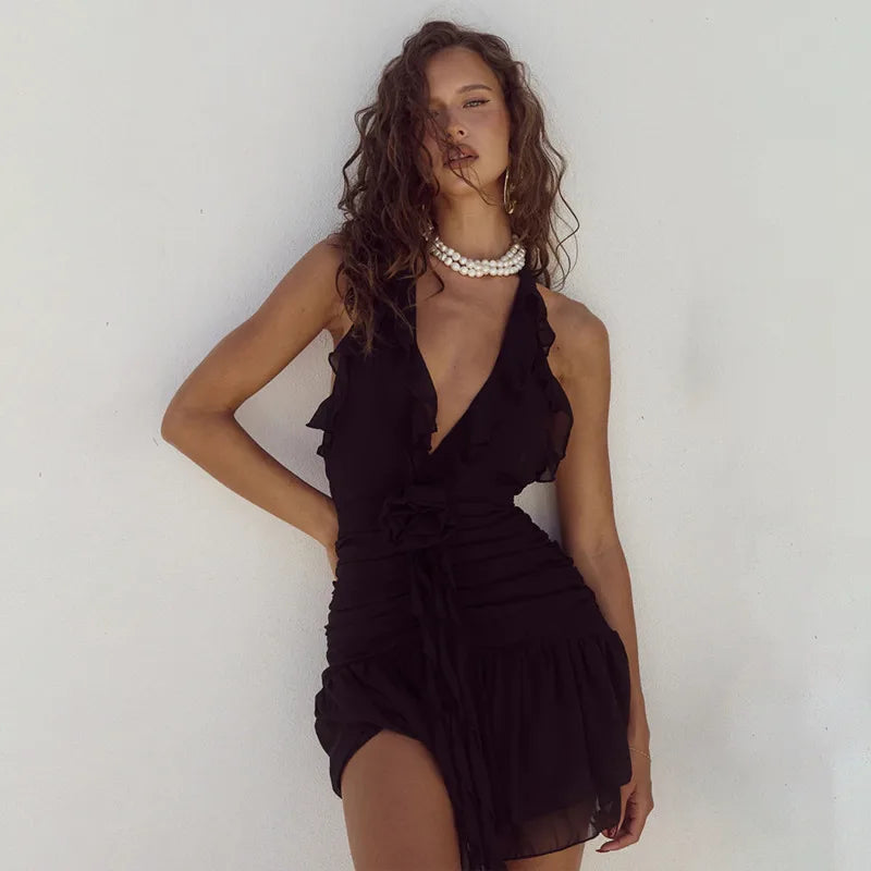 patriotic mini dressesSummer Hanging Neck V-Neck Fashion Slim Fit Off Back Mini Dress