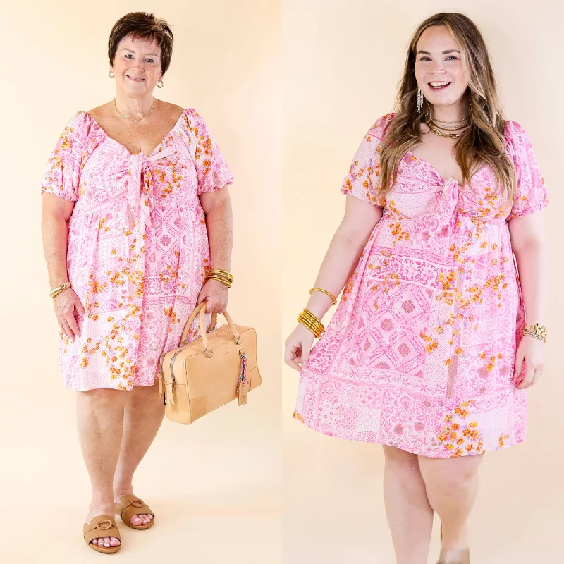 plus size mini dressesDown For Delight Floral Geometric Print Dress with Front Tie in Pink