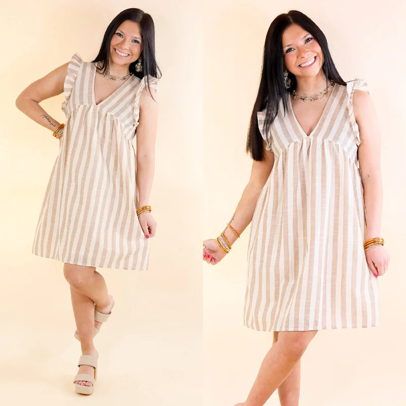 long sleeve mini dressesEasy Going Striped Babydoll Dress with Ruffle Cap Sleeves in Taupe long sleeve mini dressesEasy Going Striped Babydoll Dress with Ruffle Cap Sleeves in Taupe