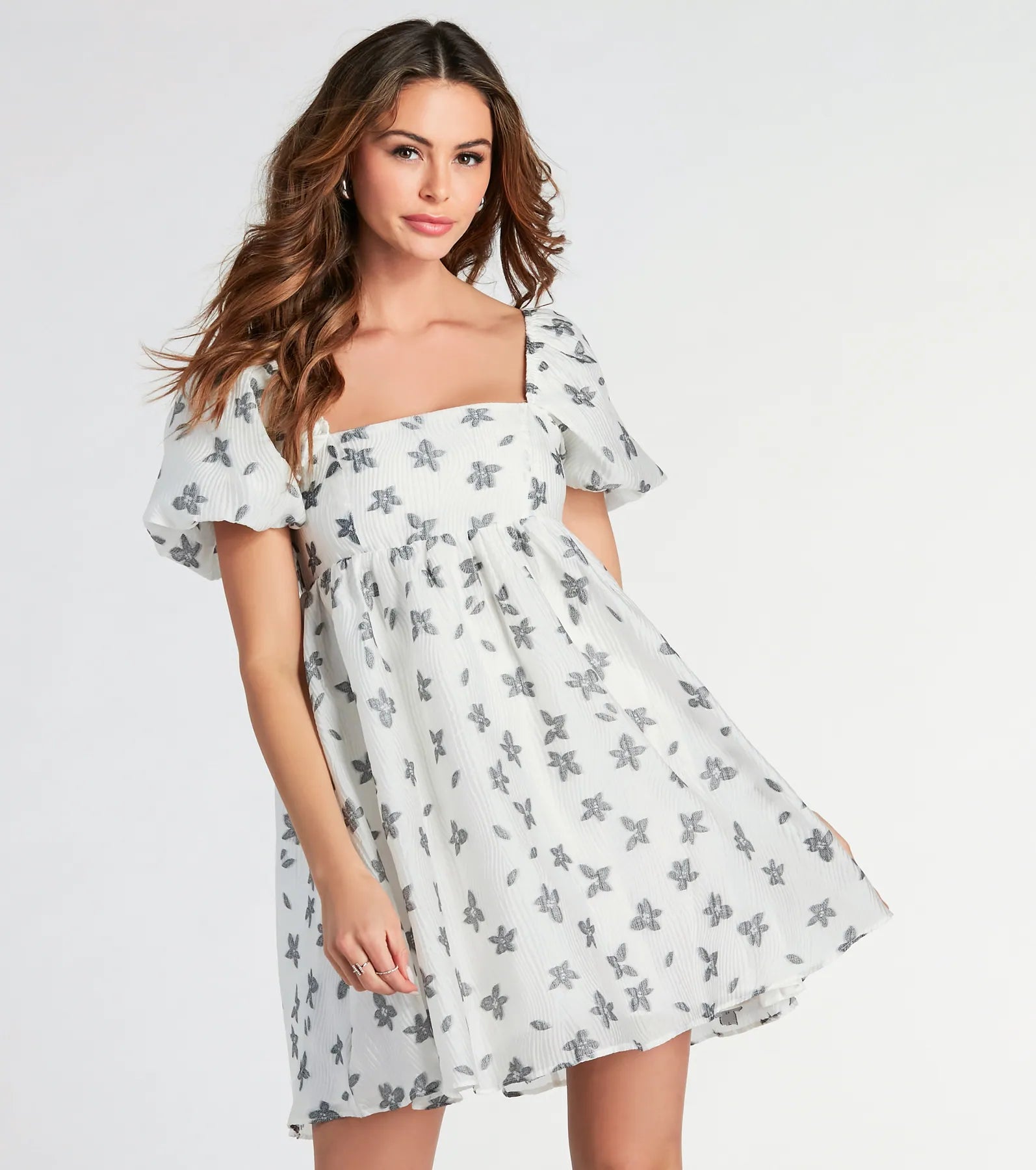 pleated mini dressesEver So Charmed Puff Sleeve Floral Babydoll Dress