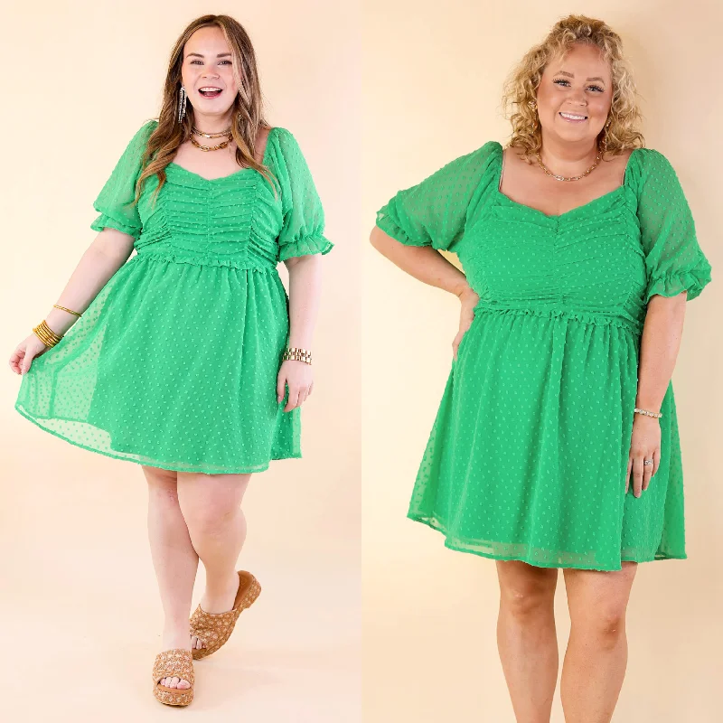 polka dot mini dressesFavorite Adventure Swiss Dot Dress with Short Balloon Sleeves in Green