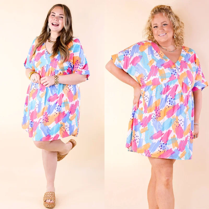 metallic mini dressesFresh Blossoms Doodle Print Babydoll Dress with V Neck in Blue Mix