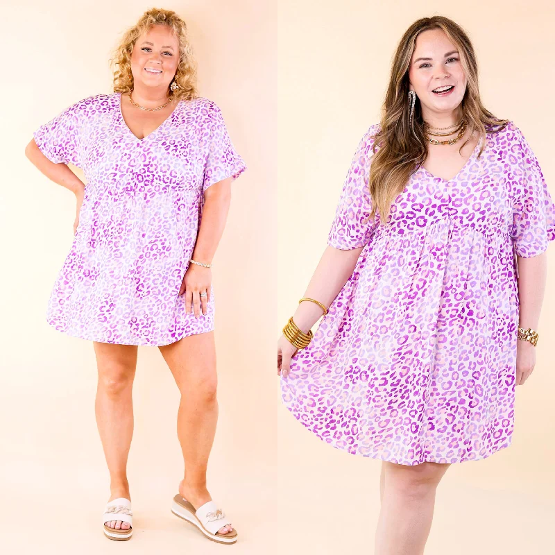 handmade mini dressesFresh Blossoms Leopard Print Babydoll Dress with V Neck in Purple handmade mini dressesFresh Blossoms Leopard Print Babydoll Dress with V Neck in Purple