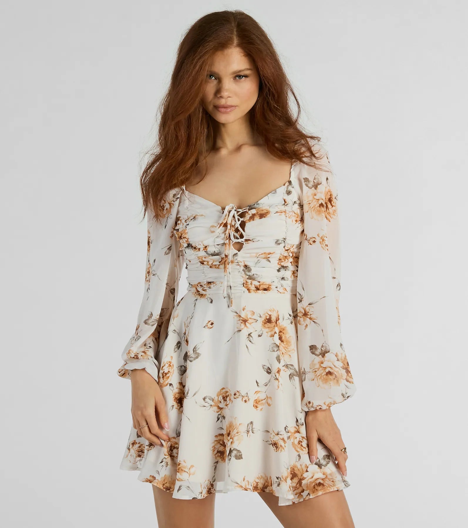 off shoulder mini dressesGorgeous Mood Lace Up Floral Chiffon Skater Dress